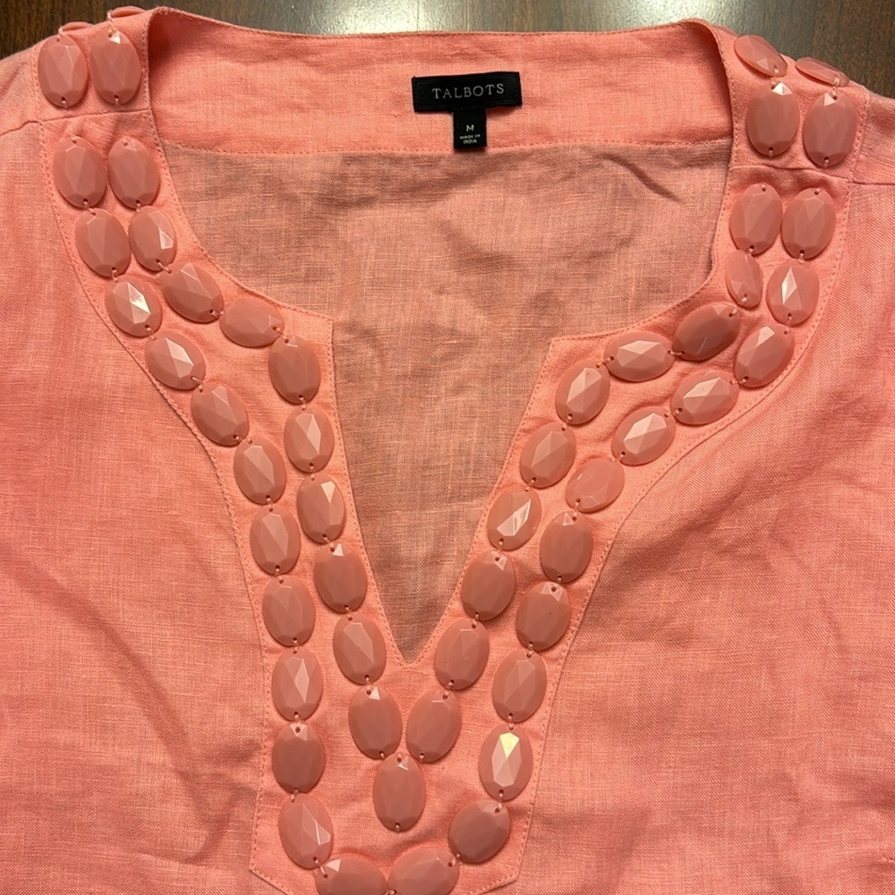 Talbots 100%‎ Linen Coastal Style Pullover Pink Beaded Neckline Tunic